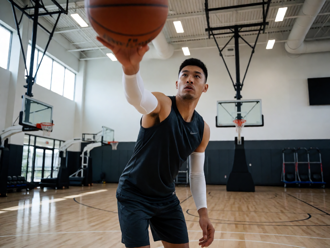 NBA球星在训练馆进行投篮训练，专注神情展现职业运动员的拼搏精神